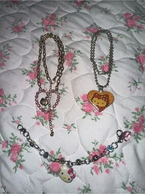 Hello Kitty Pink Gold Charm Necklace and Bracelet Set